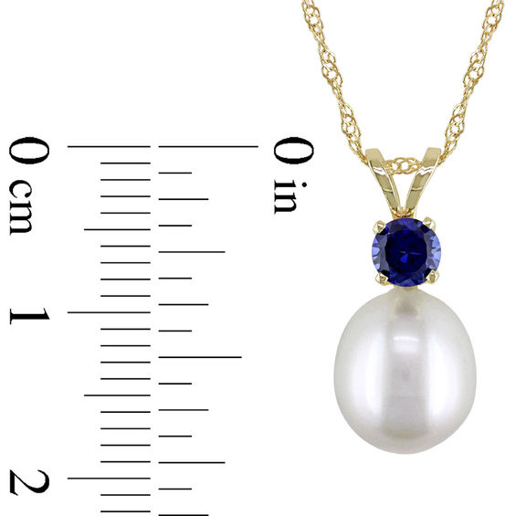 8.0-8.5mm Baroque Freshwater Cultured Pearl and Blue Sapphire Pendant in 14K Gold-17"