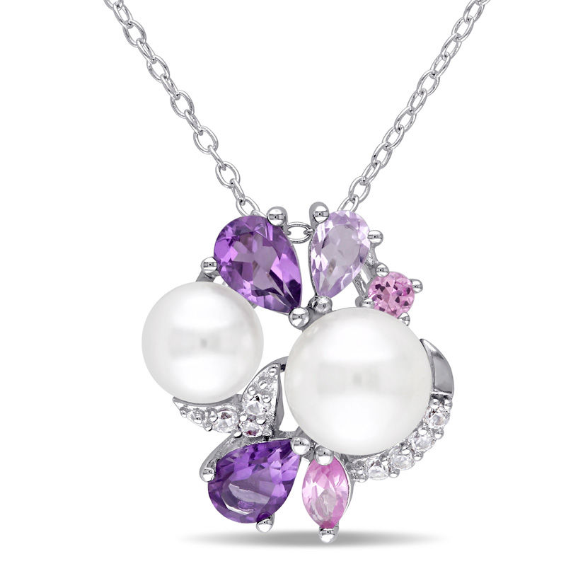 Freshwater Cultured Pearl, Amethyst and Lab-Created Pink and White Sapphire Cluster Pendant in Sterling Silver