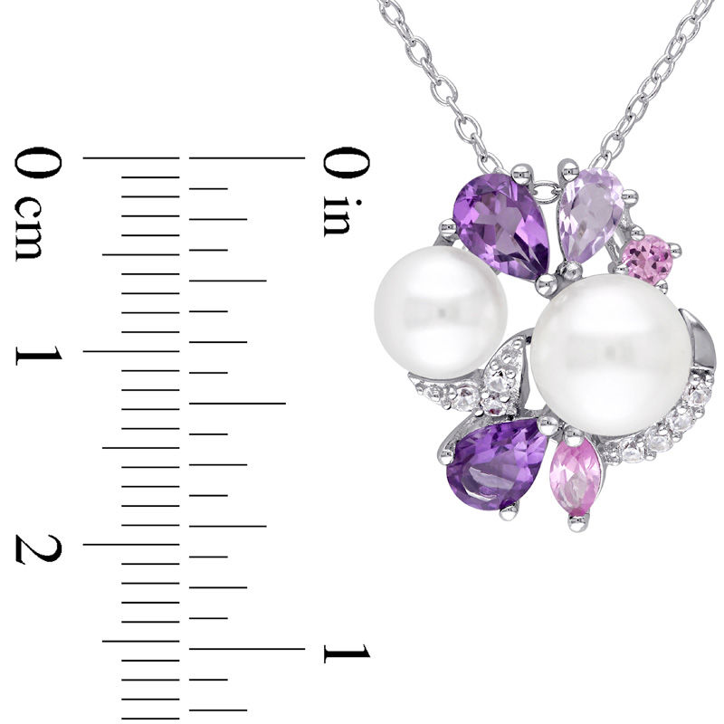 Freshwater Cultured Pearl, Amethyst and Lab-Created Pink and White Sapphire Cluster Pendant in Sterling Silver