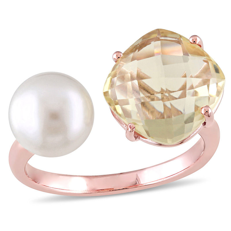 8.0-8.5mm Freshwater Cultured Pearl and Cushion-Cut Lemon Quartz Doublet Open Ring in Sterling Silver with Rose Rhodium