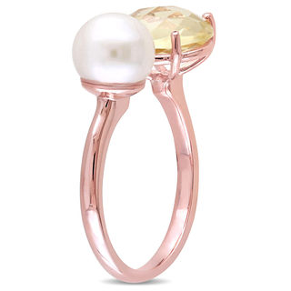 8.0-8.5mm Freshwater Cultured Pearl and Cushion-Cut Lemon Quartz Doublet Open Ring in Sterling Silver with Rose Rhodium