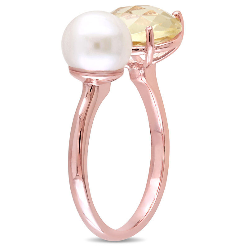 8.0-8.5mm Freshwater Cultured Pearl and Cushion-Cut Lemon Quartz Doublet Open Ring in Sterling Silver with Rose Rhodium|Peoples Jewellers