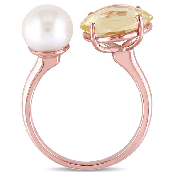 8.0-8.5mm Freshwater Cultured Pearl and Cushion-Cut Lemon Quartz Doublet Open Ring in Sterling Silver with Rose Rhodium