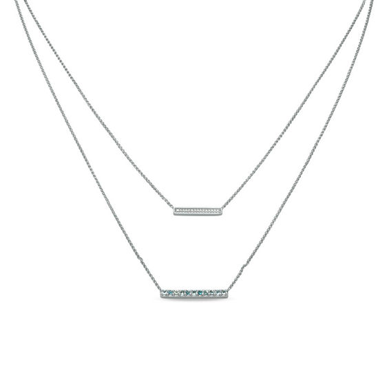 Aquamarine and Diamond Accent Double Strand Bar Necklace in Sterling Silver