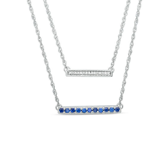 Lab-Created Blue Sapphire and Diamond Accent Double Strand Bar Necklace in Sterling Silver