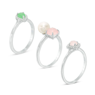 Cultured Freshwater Pearl and Green and Rose Quartz with White Topaz Three Piece Stackable Ring Set in Sterling Silver