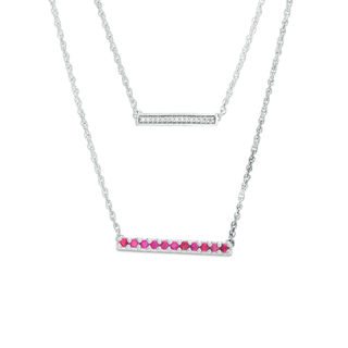 Lab-Created Ruby and Diamond Accent Double Strand Bar Necklace in Sterling Silver