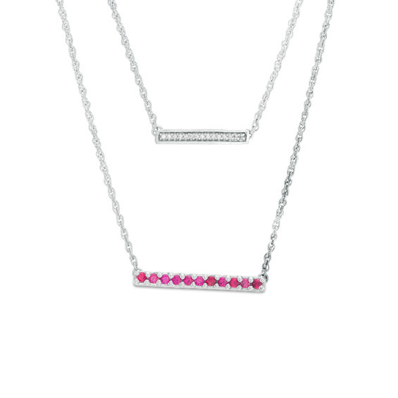 Lab-Created Ruby and Diamond Accent Double Strand Bar Necklace in Sterling Silver