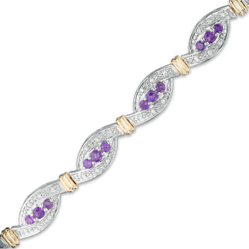 Amethyst and 0.23 CT. T.W. Diamond Three Stone Bracelet in Sterling Silver and 10K Gold - 7.25"|Peoples Jewellers