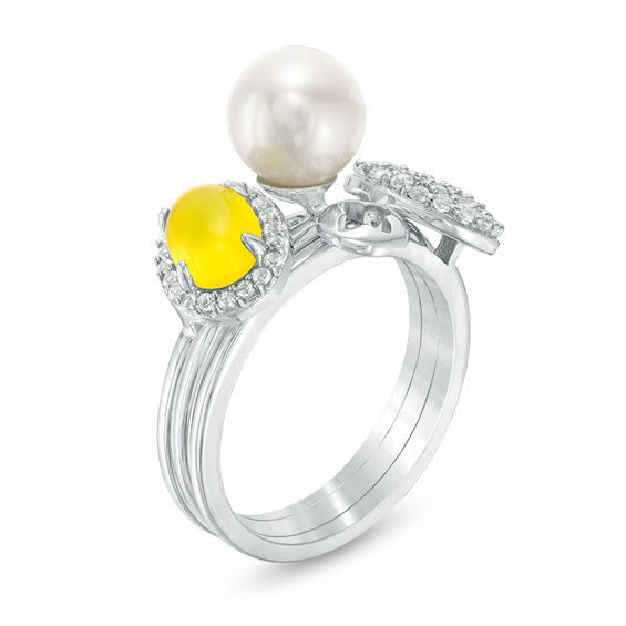 Cultured Freshwater Pearl, Dyed Lemon Quartz and White Topaz Three Piece Stackable Ring Set in Sterling Silver