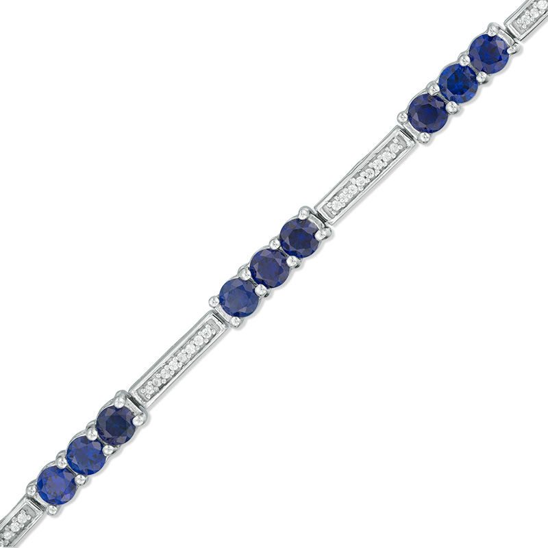 3.5mm Lab-Created Sapphire and 0.18 CT. T.W. Diamond Three Stone Station Bracelet in Sterling Silver