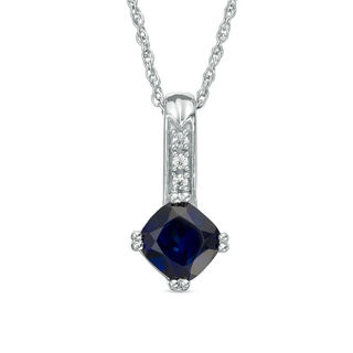 6.0mm Cushion-Cut Lab-Created Blue Sapphire and Diamond Accent Drop Pendant in 10K White Gold