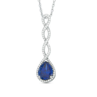 Pear-Shaped Lab-Created Blue Sapphire and 0.23 CT. T.W. Diamond Cascading Drop Pendant in Sterling Silver