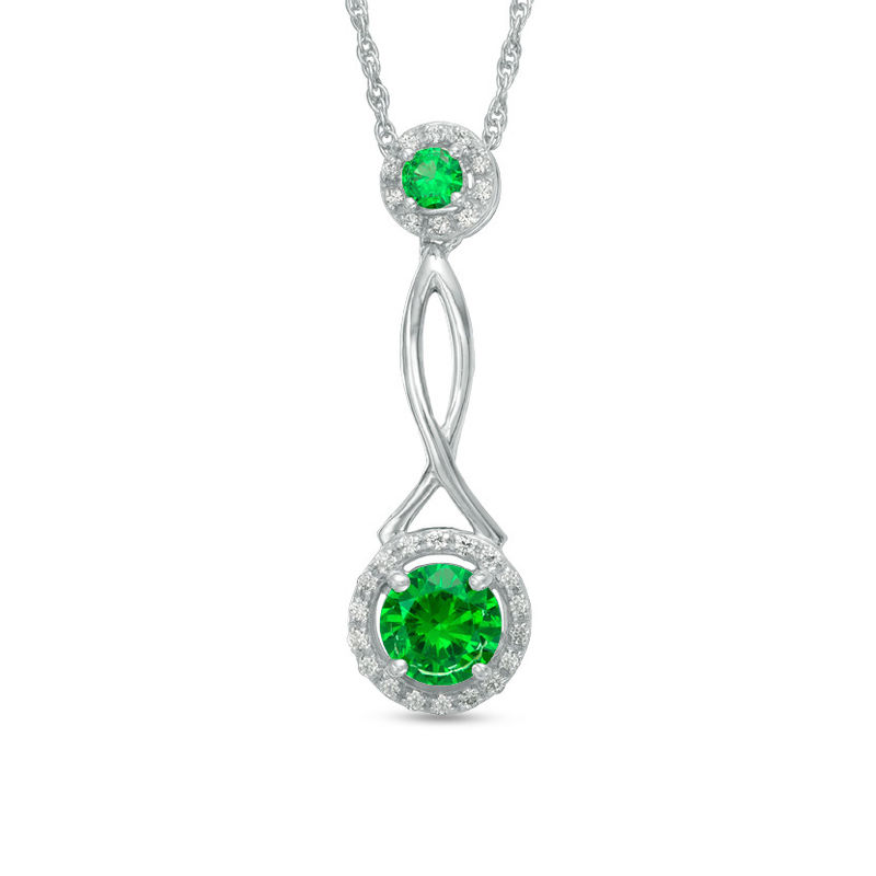 6.0mm Lab-Created Emerald and 0.11 CT. T.W. Diamond Frame Pendulum Pendant in Sterling Silver|Peoples Jewellers