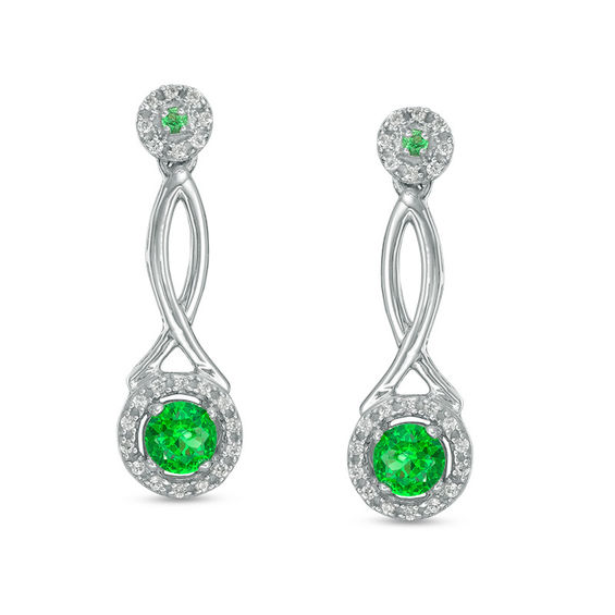 Lab-Created Emerald and 0.18 CT. T.W. Diamond Frame Pendulum Drop Earrings in Sterling Silver