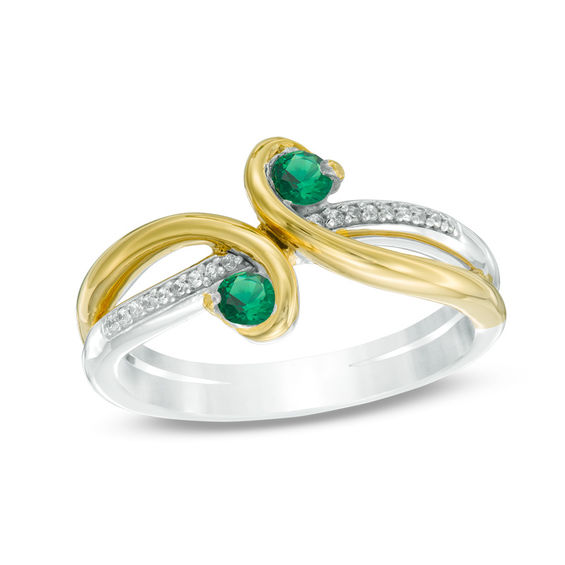 Lab-Created Emerald and Diamond Accent Split Shank Bypass Ring in Sterling Silver and 10K Gold