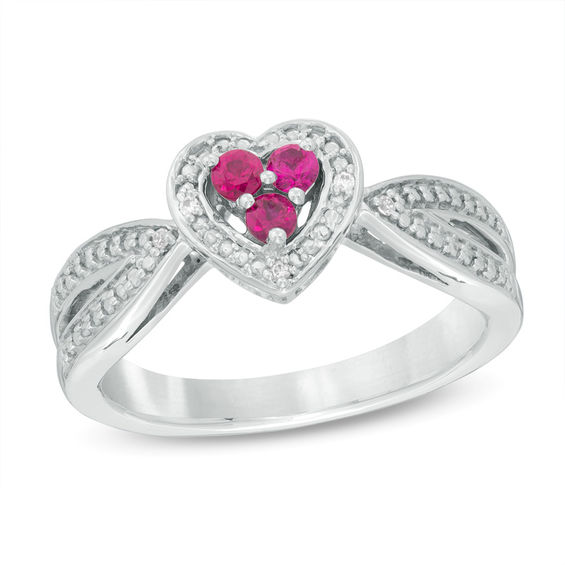 Lab-Created Ruby and Diamond Accent Three Stone Heart Split Shank Ring in Sterling Silver