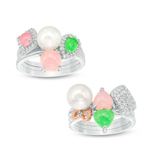 7.0 - 7.5mm Cultured Freshwater Pearl and Multi-Gemstone with Diamond Accent Six Piece Ring Set in Sterling Silver