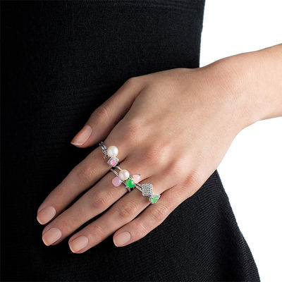 7.0 - 7.5mm Cultured Freshwater Pearl and Multi-Gemstone with Diamond Accent Six Piece Ring Set in Sterling Silver