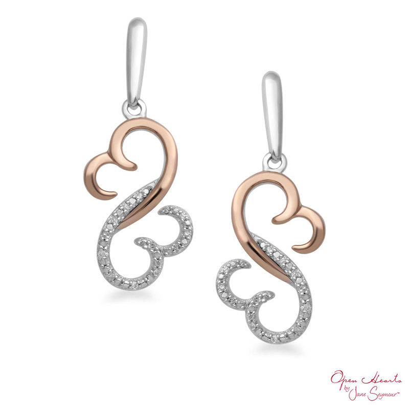 Open Hearts by Jane Seymour™ 0.04 CT. T.W. Diamond Half and Half Drop Earrings in Sterling Silver and 10K Rose Gold|Peoples Jewellers
