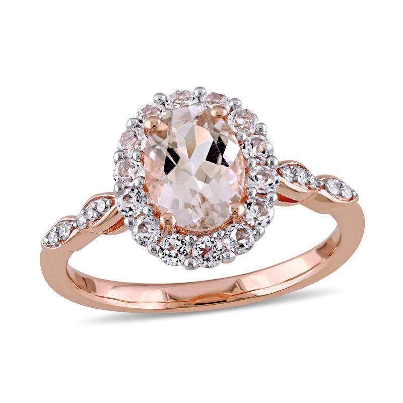Oval Morganite, White Topaz and Diamond Accent Frame Engagement Ring in 14K Rose Gold|Peoples Jewellers