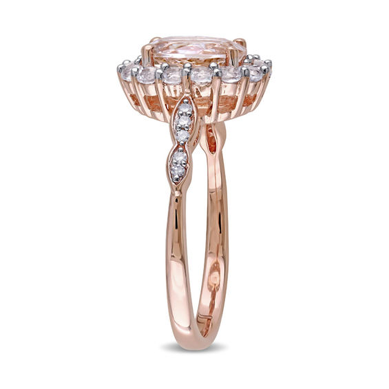 Oval Morganite, White Topaz and Diamond Accent Frame Engagement Ring in 14K Rose Gold