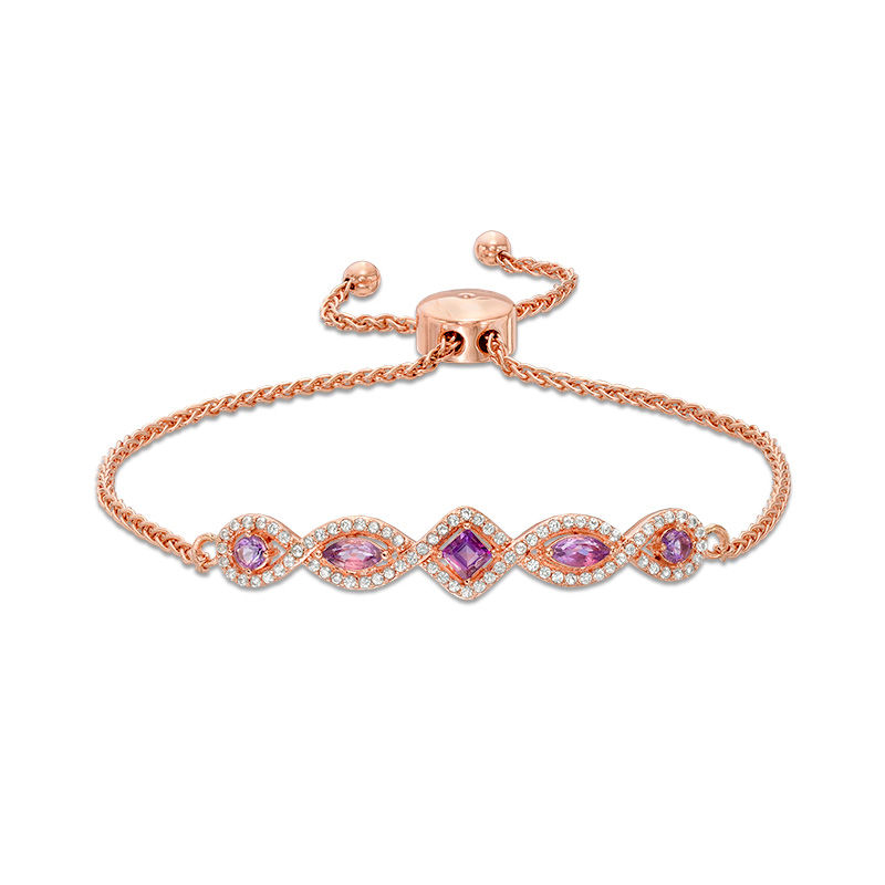 Multi-Shaped Amethyst and Lab-Created White Sapphire Bolo Bracelet in Sterling Silver with 18K Rose Gold Plate - 9.0"