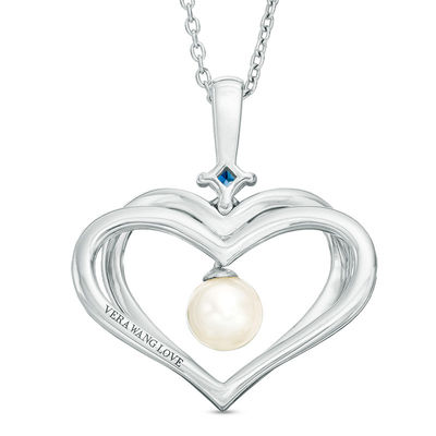 The Kindred Heart from Vera Wang Love Collection Freshwater Cultured Pearl and Sapphire Pendant in Sterling Silver