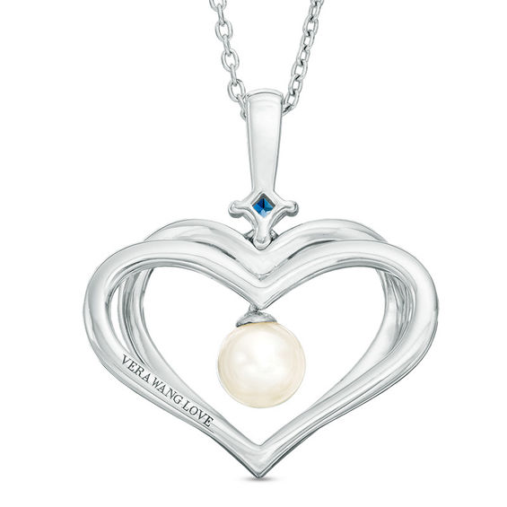 The Kindred Heart from Vera Wang Love Collection Freshwater Cultured Pearl and Sapphire Pendant in Sterling Silver