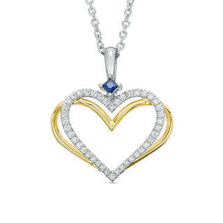 The Kindred Heart from Vera Wang Love Collection Diamond and Blue Sapphire Pendant in Sterling Silver and 14K Gold - 19"