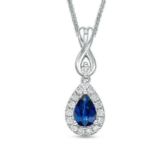 Vera Wang Love Collection Pear-Shaped Blue Sapphire and 0.16 CT. T.W. Diamond Frame Pendant in 14K White Gold - 19"