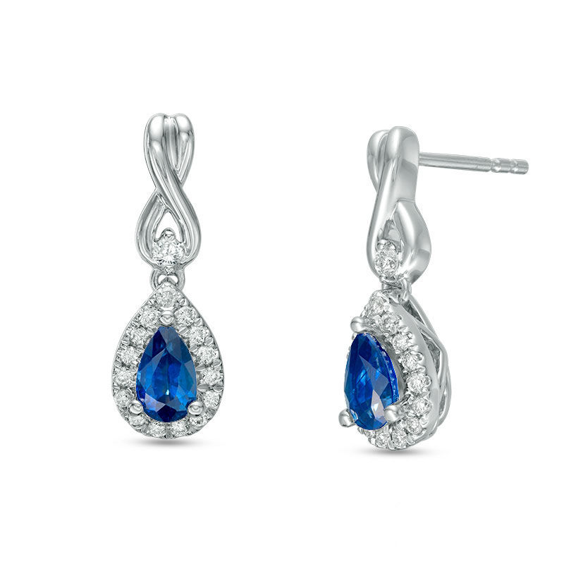 Vera Wang Love Collection Pear-Shaped Blue Sapphire and 0.15 CT. T.W. Diamond Frame Drop Earrings in 14K White Gold|Peoples Jewellers