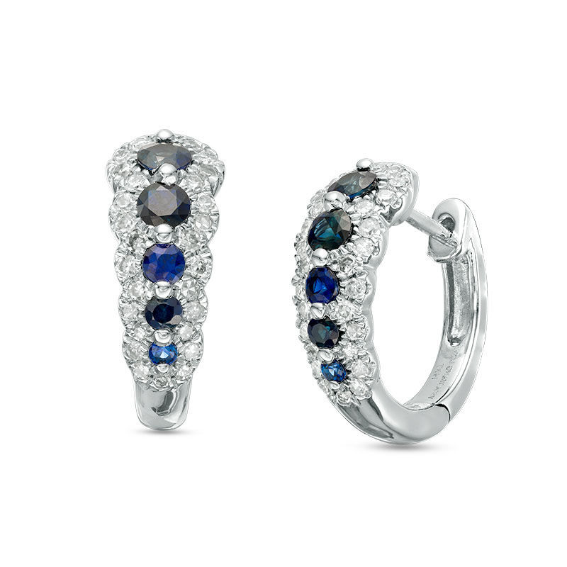 Main Image 1 of Vera Wang Love Collection Blue Sapphire and 0.30 CT. T.W. Diamond Hoop Earrings in 14K White Gold