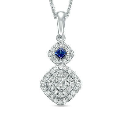 Vera Wang Love Collection 0.45 CT. T.W. Diamond and Blue Sapphire Double Frame Pendant in 14K White Gold - 19"