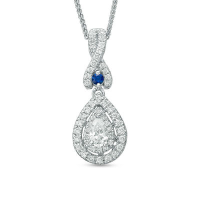 Vera Wang Love Collection 0.38 CT. T.W. Diamond and Blue Sapphire Double Frame Pendant in 14K White Gold - 19"