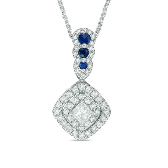 Vera Wang Love Collection 0.38 CT. T.W. Diamond and Blue Sapphire Double Frame Pendant in 14K White Gold - 19"