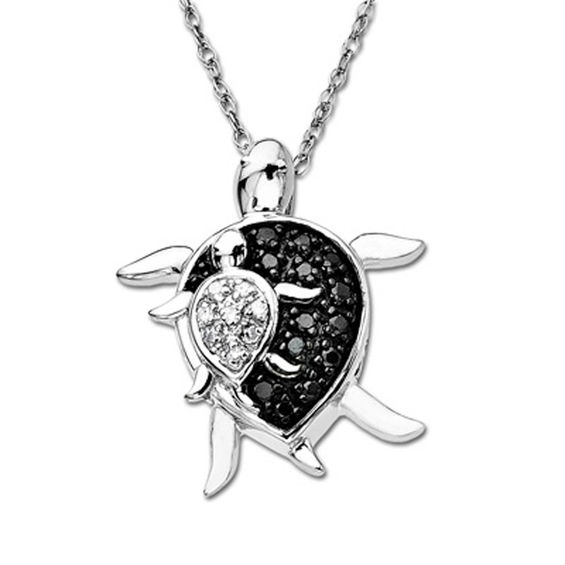 Enhanced Black and White Diamond Accent Mother and Baby Turtle Pendant ...