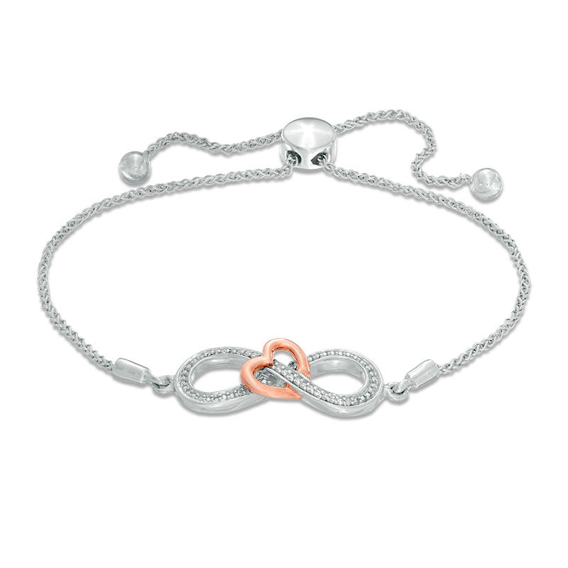 Diamond Accent Infinity and Heart Bolo Bracelet in Sterling Silver and 10K Rose Gold - 9.5"|Peoples Jewellers