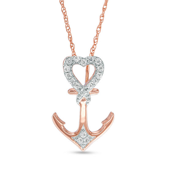 0.09 CT. T.W. Diamond Heart-Top Anchor Pendant in 10K Rose Gold