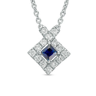 Vera Wang Love Collection Blue Sapphire and 0.23 CT. T.W. Diamond Frame Necklace in Sterling Silver - 19"