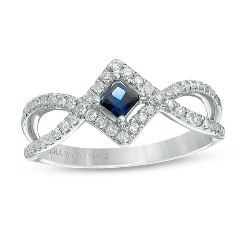 Vera Wang Love Collection Princess-Cut Blue Sapphire and 0.23 CT. T.W. Diamond Frame Ring in Sterling Silver