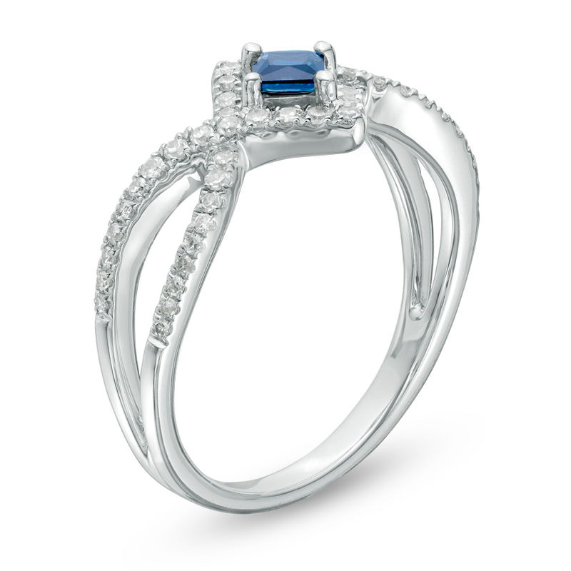Vera Wang Love Collection Princess-Cut Blue Sapphire and 0.23 CT. T.W. Diamond Frame Ring in Sterling Silver