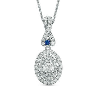 Vera Wang Love Collection 0.45 CT. T.W. Diamond and Blue Sapphire Oval Frame Pendant in 14K White Gold - 19"