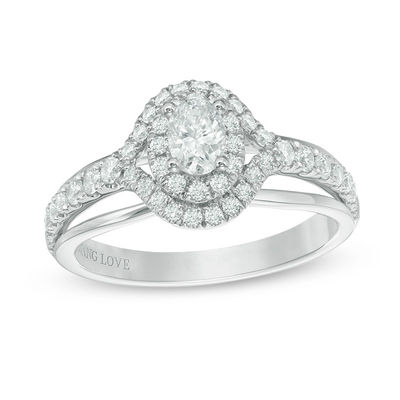 Vera Wang Love Collection 0.70 CT. T.W. Oval Diamond Double Frame Split Shank Engagement Ring in 14K White Gold