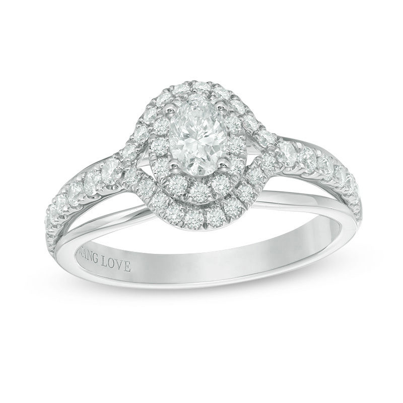 Vera Wang Love Collection 0.70 CT. T.W. Oval Diamond Double Frame Split Shank Engagement Ring in 14K White Gold|Peoples Jewellers