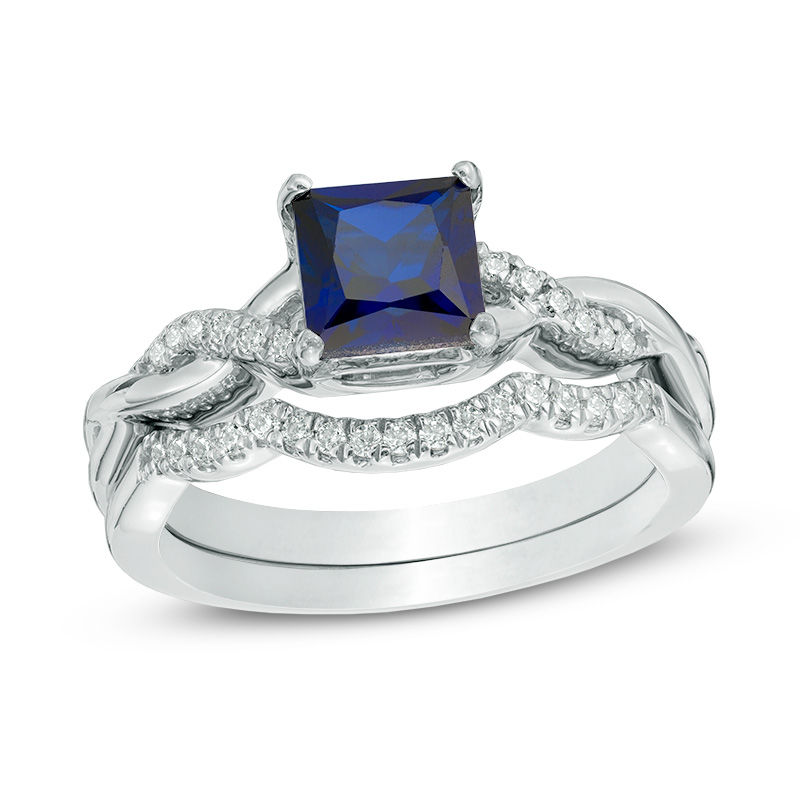6.0mm Princess-Cut Lab-Created Blue Sapphire and 0.14 CT. T.W. Diamond Twist Shank Bridal Set in Sterling Silver|Peoples Jewellers