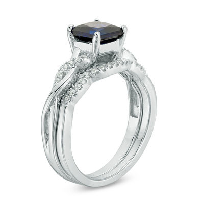 6.0mm Princess-Cut Lab-Created Blue Sapphire and 0.14 CT. T.W. Diamond Twist Shank Bridal Set in Sterling Silver