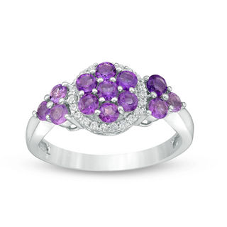 Amethyst Cluster and 0.09 CT. T.W. Diamond Frame Tri-Sides Ring in Sterling Silver