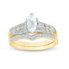 Thumbnail Image 0 of Marquise Lab-Created White Sapphire and 0.12 CT. T.W. Diamond Vintage-Style Bridal Set in 10K Gold