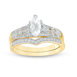 Marquise Lab-Created White Sapphire and 0.12 CT. T.W. Diamond Vintage-Style Bridal Set in 10K Gold